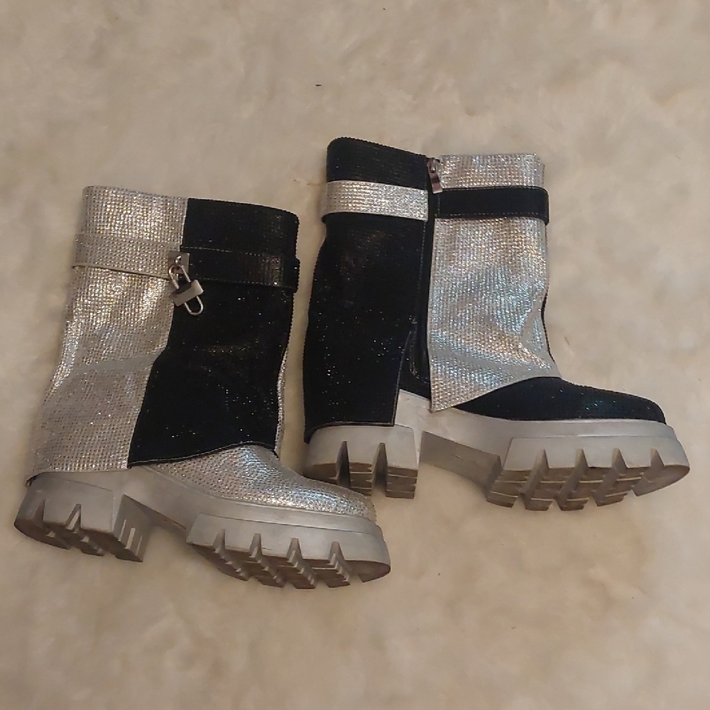 Silver Black Rhinestone Patchwork Mid-Calf Fold O… - image 1